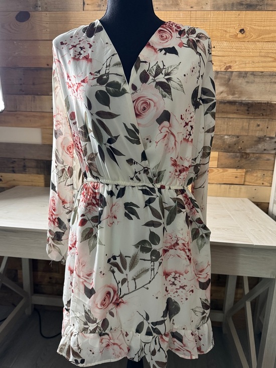 J for Justify Dresses & Skirts - J for Justify White Floral Long-Sleeve Wrap Dress with Pink Roses